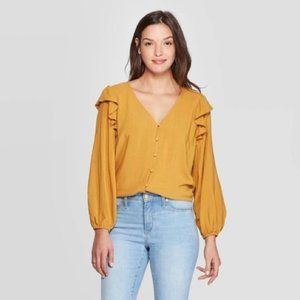 Universal Thread - V-Neck Top - Ruffled - Long Sleeve - Size Small - Yellow